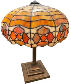 c1905 Gorham / Amboy Works Geometric Floral Leaded Glass Table Lamp