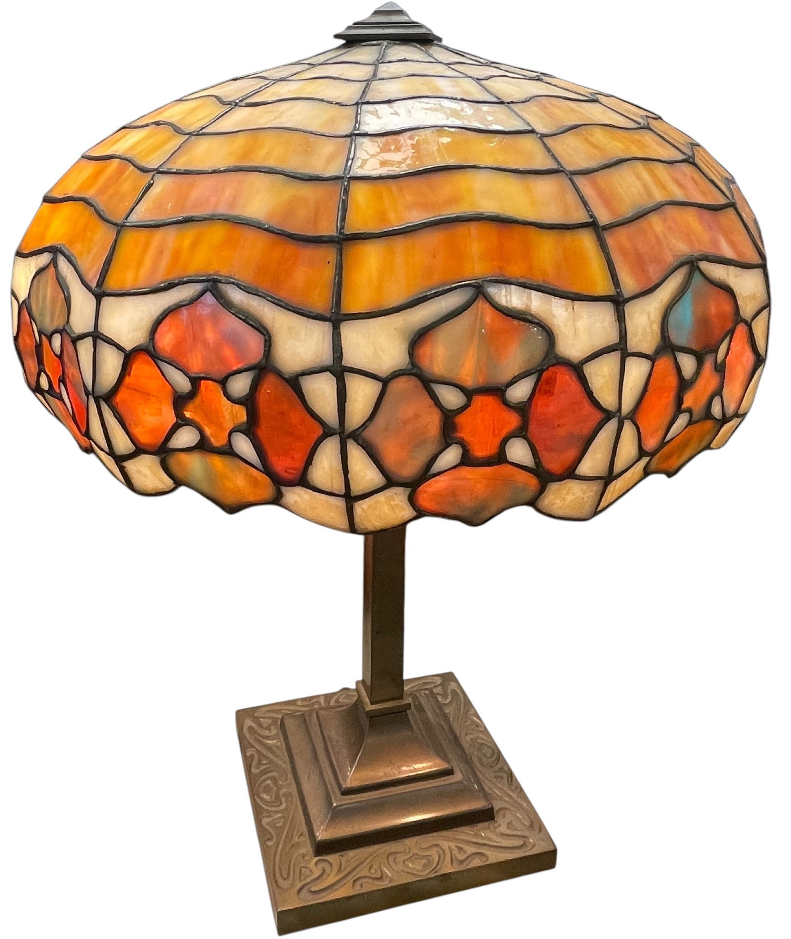 c1905 Gorham / Amboy Works Geometric Floral Leaded Glass Table Lamp (1 of 6)