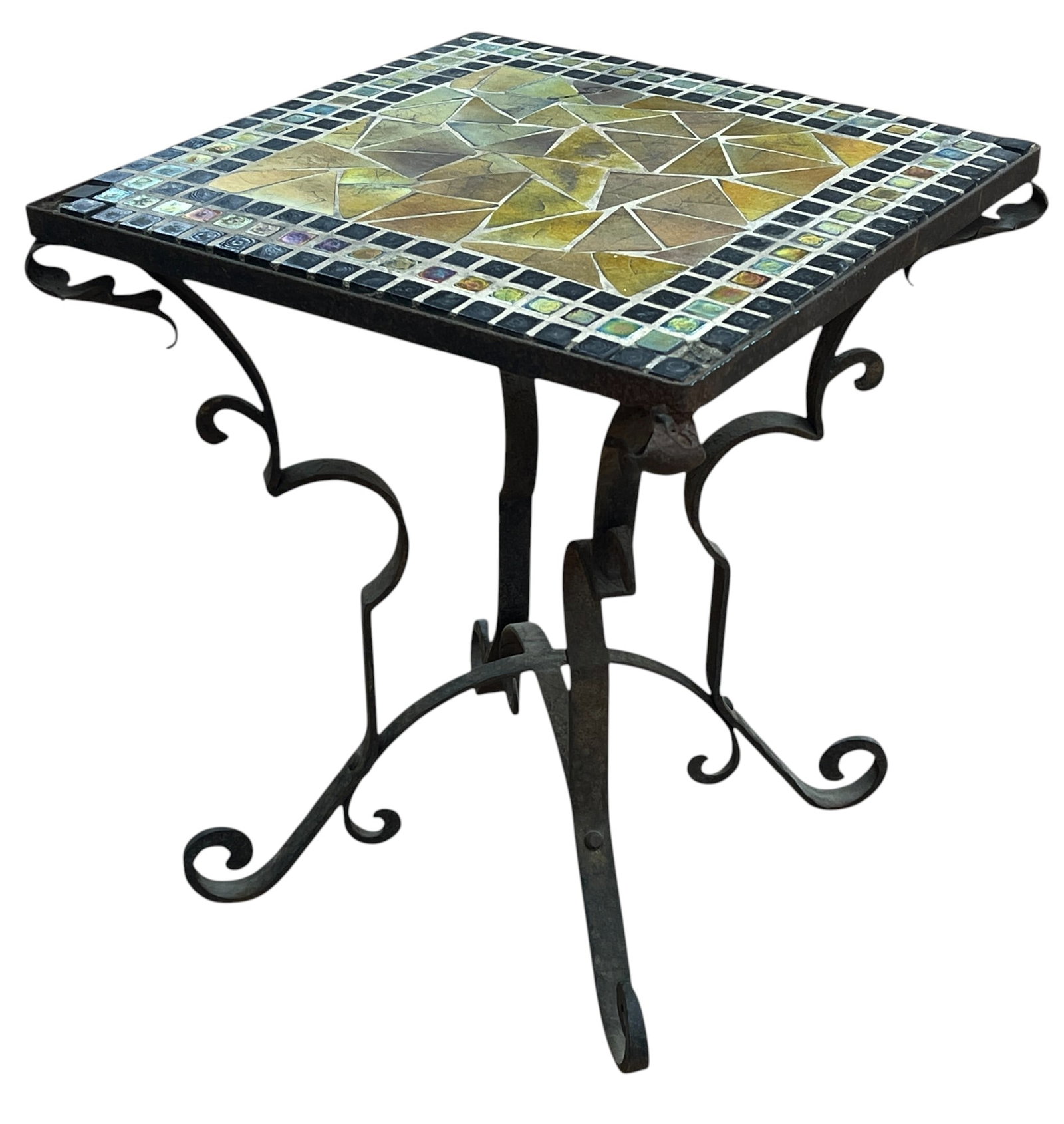 Steuben Wrought Iron & Mosaic Glass Tile Top Table: American, 1920s. A rare Steuben mosaic glass side table, featuring several bands of black and gold aurene tiles, with the center mosaic comprised of geometric aurene pieces forming a square. The mosai