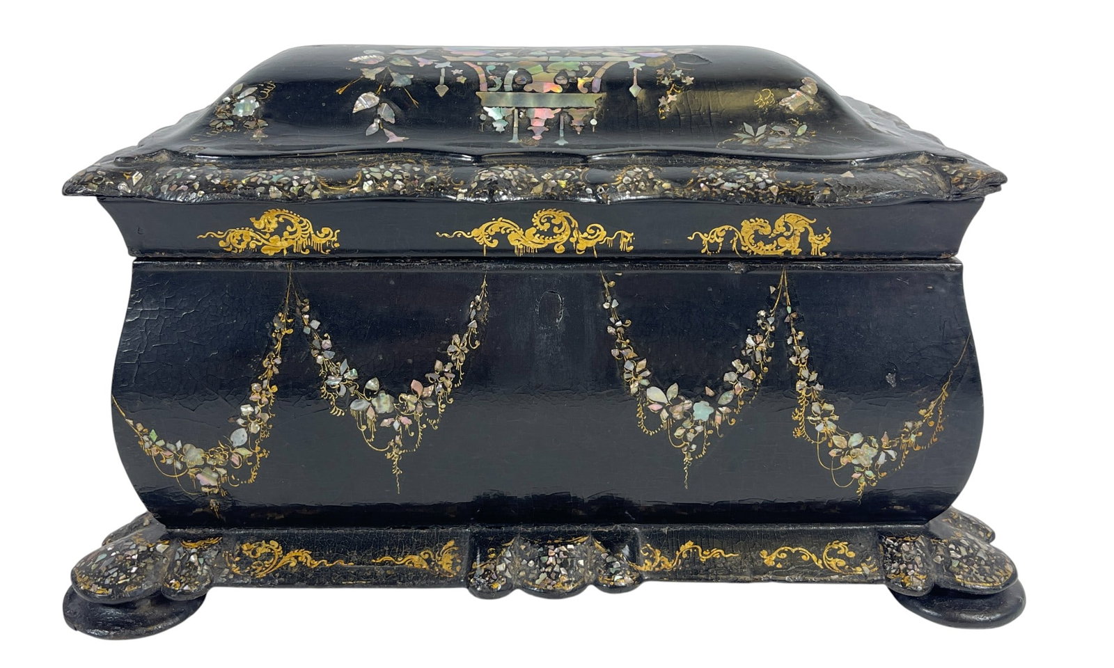 19th Century Papier Mache & MOP Tea Caddy: Measures 8.5 inches high, 14 x 8.25 inches. Overall good condition, please see photos.