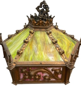 Gothic Revival Two Tone Slag Glass & Bronze Hanging Fixture