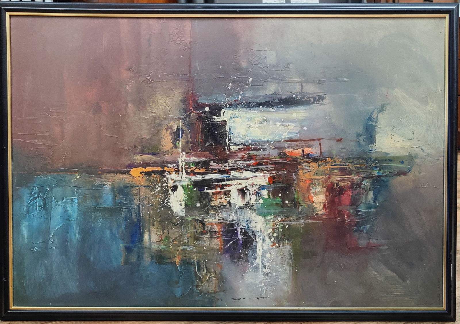 Dennis Levine Contemporary Abstract Gouache Hidden Valley: Excellent condition work under frosted glass. Signed and titled lower right. A dark abstract with white bursts of paint in the middle. 30.25" x 20.5" sight.