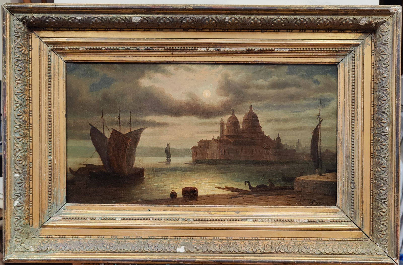 Illegibly Signed O/C Moon Over Venice Santa Maria Salute (1 of 6)