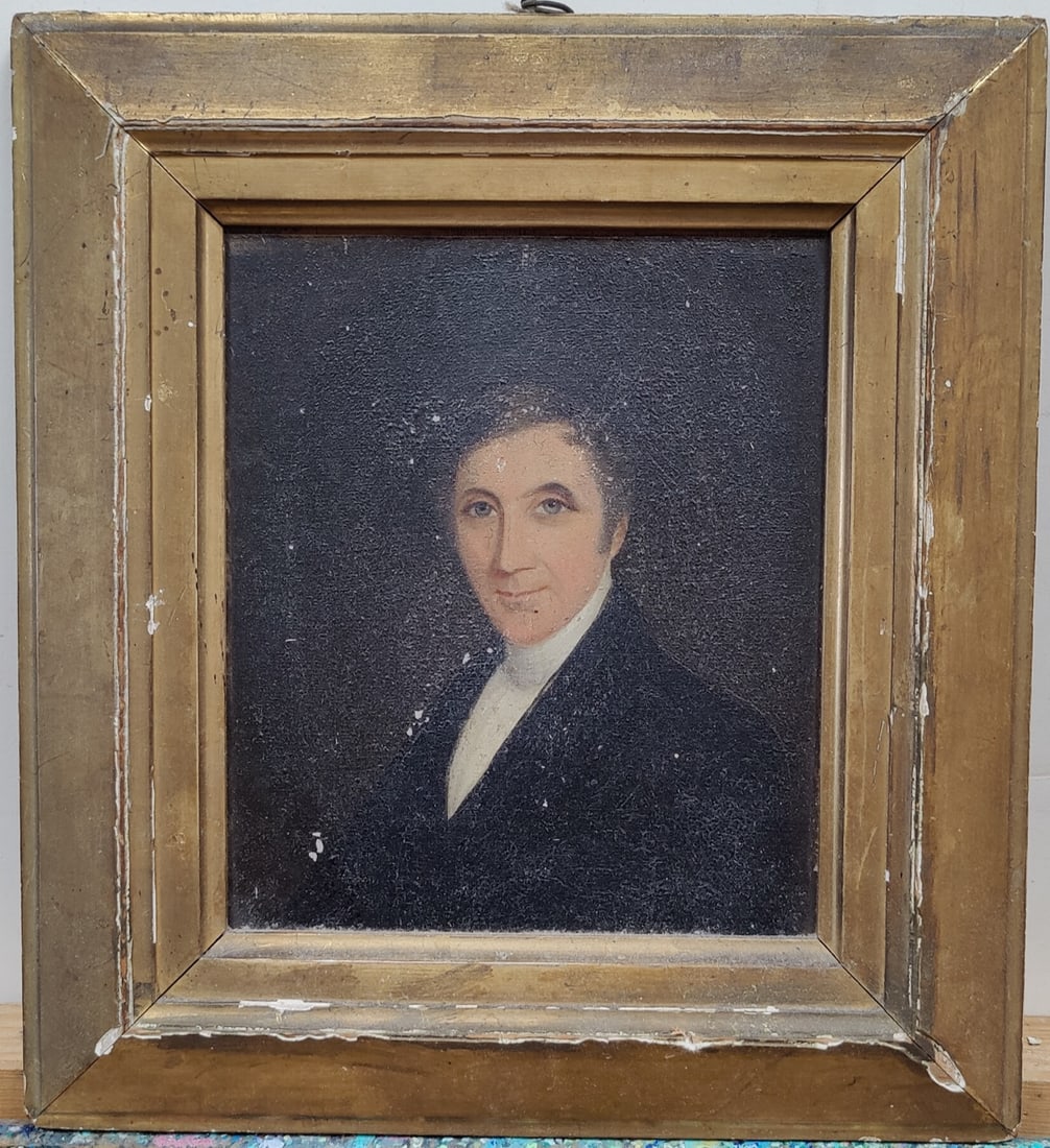 Unsigned 19th c. O/B Primitive Male Portrait Painting (1 of 4)