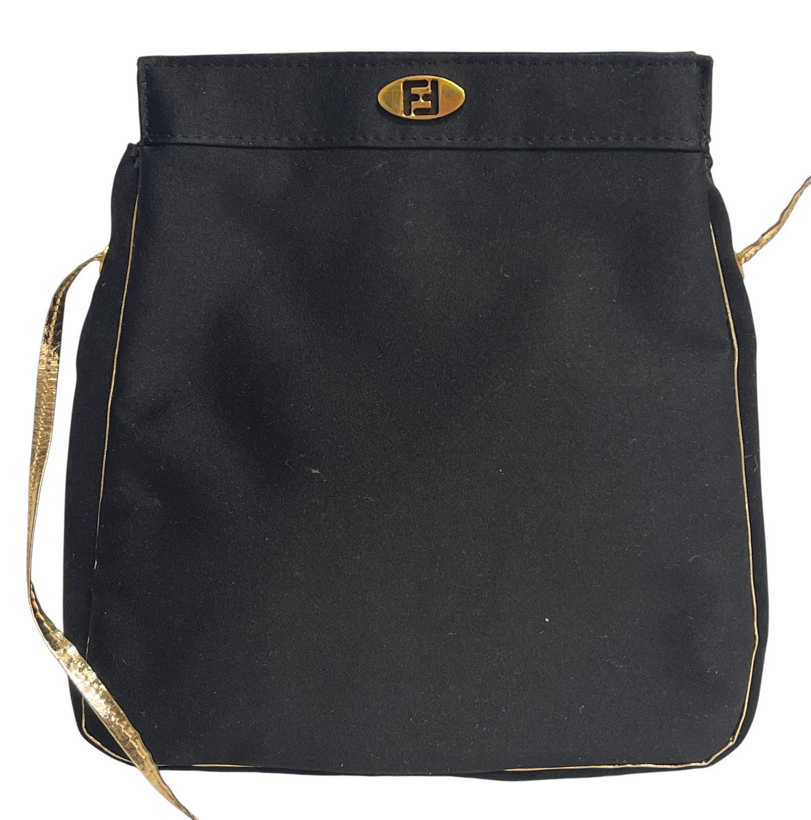 Vintage Fendi Black & Gold Crossbody Bag: Black fabric bag with gold crossbody strap. Bag measures 7.25 inches long x 7 inches wide. Strap measures 21 inches. Overall excellent condition, please see photos. Provenance from a mid town Manhatta