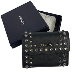 Prada Saffiano Black Leather Bijoux Stud & Crystal Wallet New old Stock