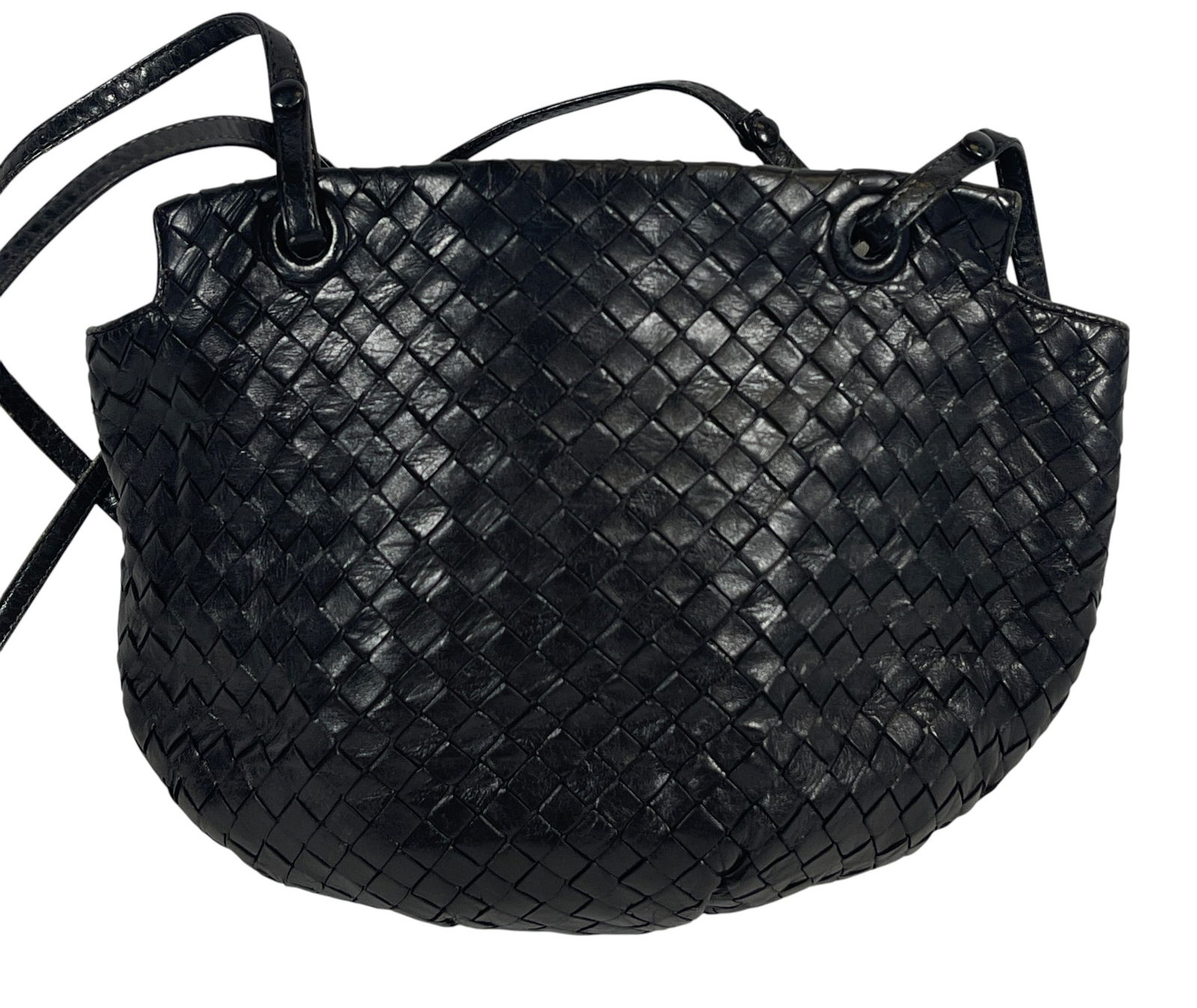 Vintage Bottega Veneta Black Intrecciato Shoulder Bag: Measures 12 inches wide x 7 inches high. Overall good condition, please see photos. Provenance from a mid town Manhattan estate.