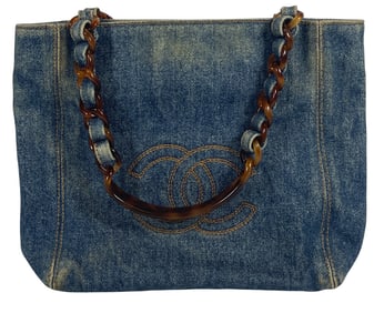 Vintage Authentic Chanel Small CC Stitched Denim Tote Bag