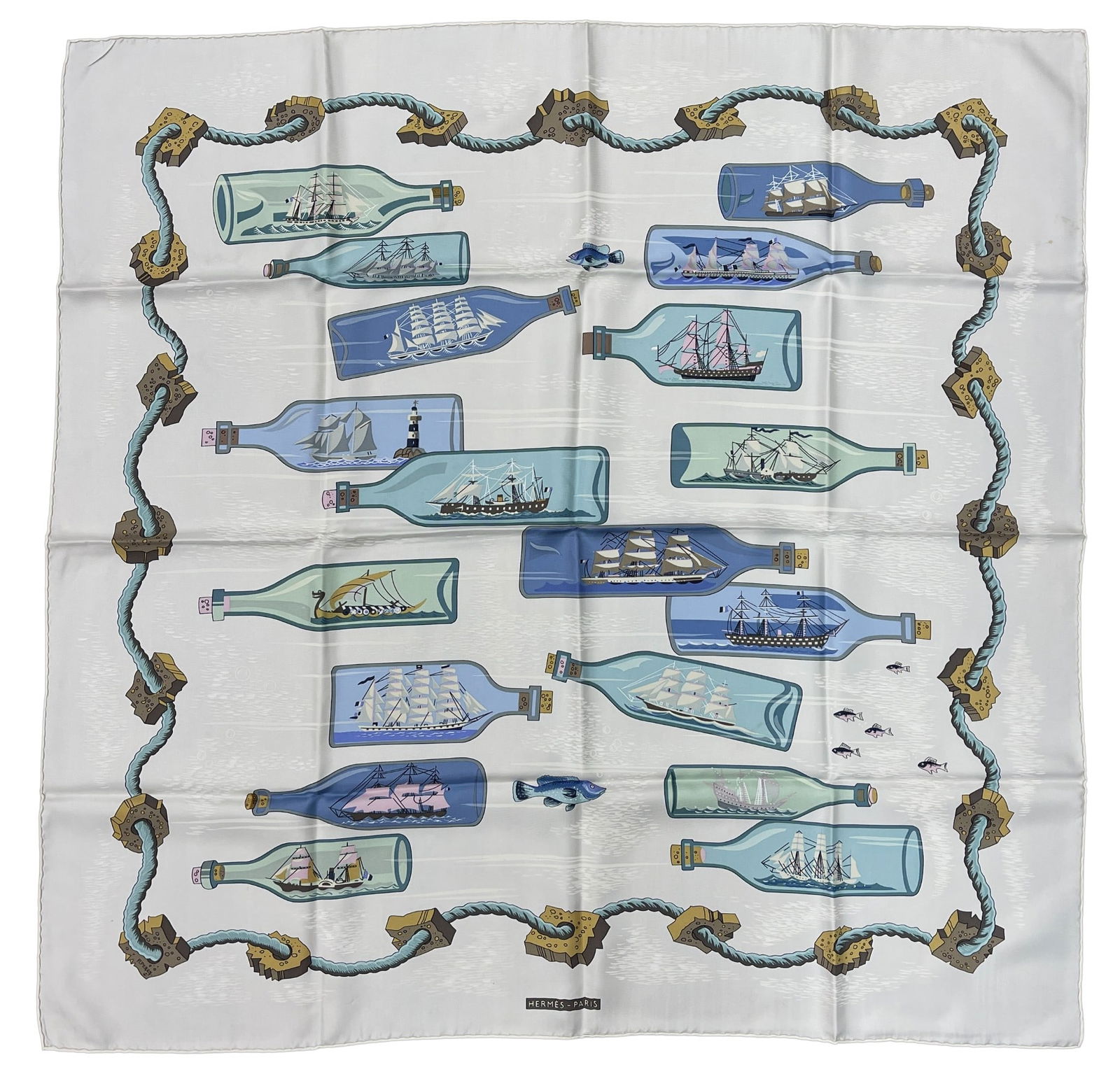 Hermes Boutelles a la Mer Silk Scarf: White ground, 90cm x 90cm. Overall very good condition, small stain near bottom, please see photos. Provenance from an upper east side Manhattan estate.