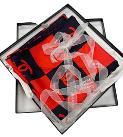 Chanel Black & Red Silk CC Logo Scarf in Box
