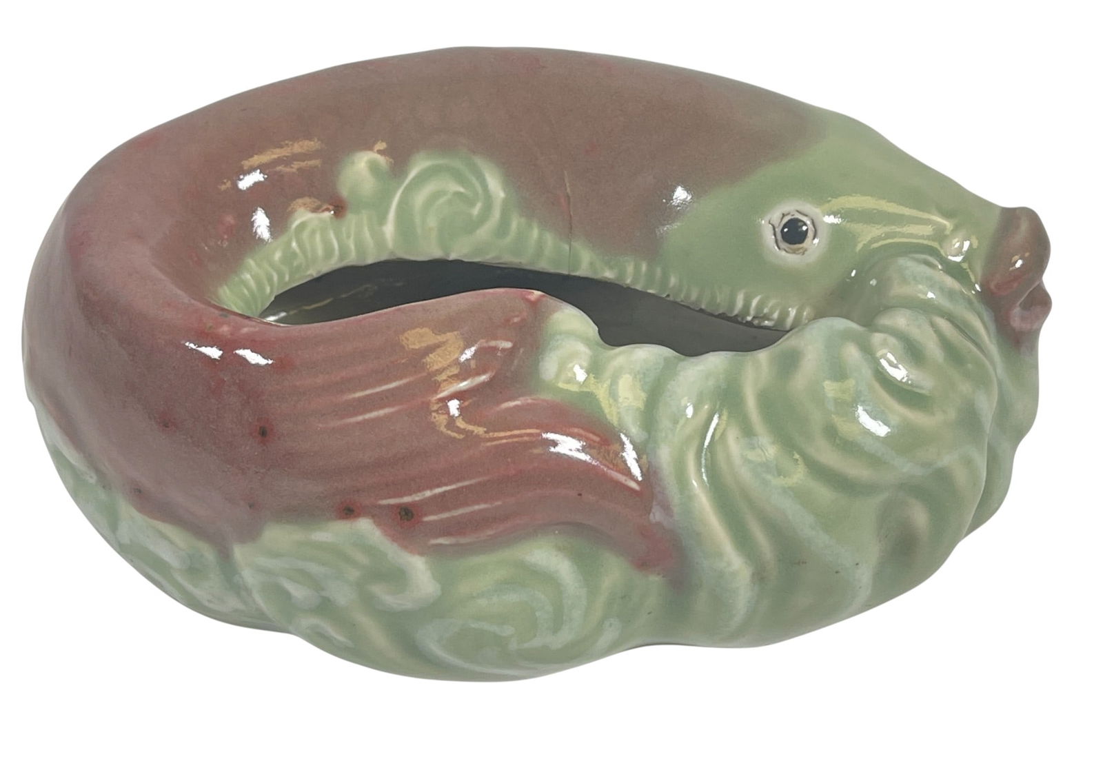Antique Chinese Celadon Fish Shaped Brush Washer: A Chinese celadon glazed carp shaped brush washer dating from the 19th century. Mark may be faded, no mark seen. No chips or cracks. Comes from an extensive collection of asian porcelain from a Manhat