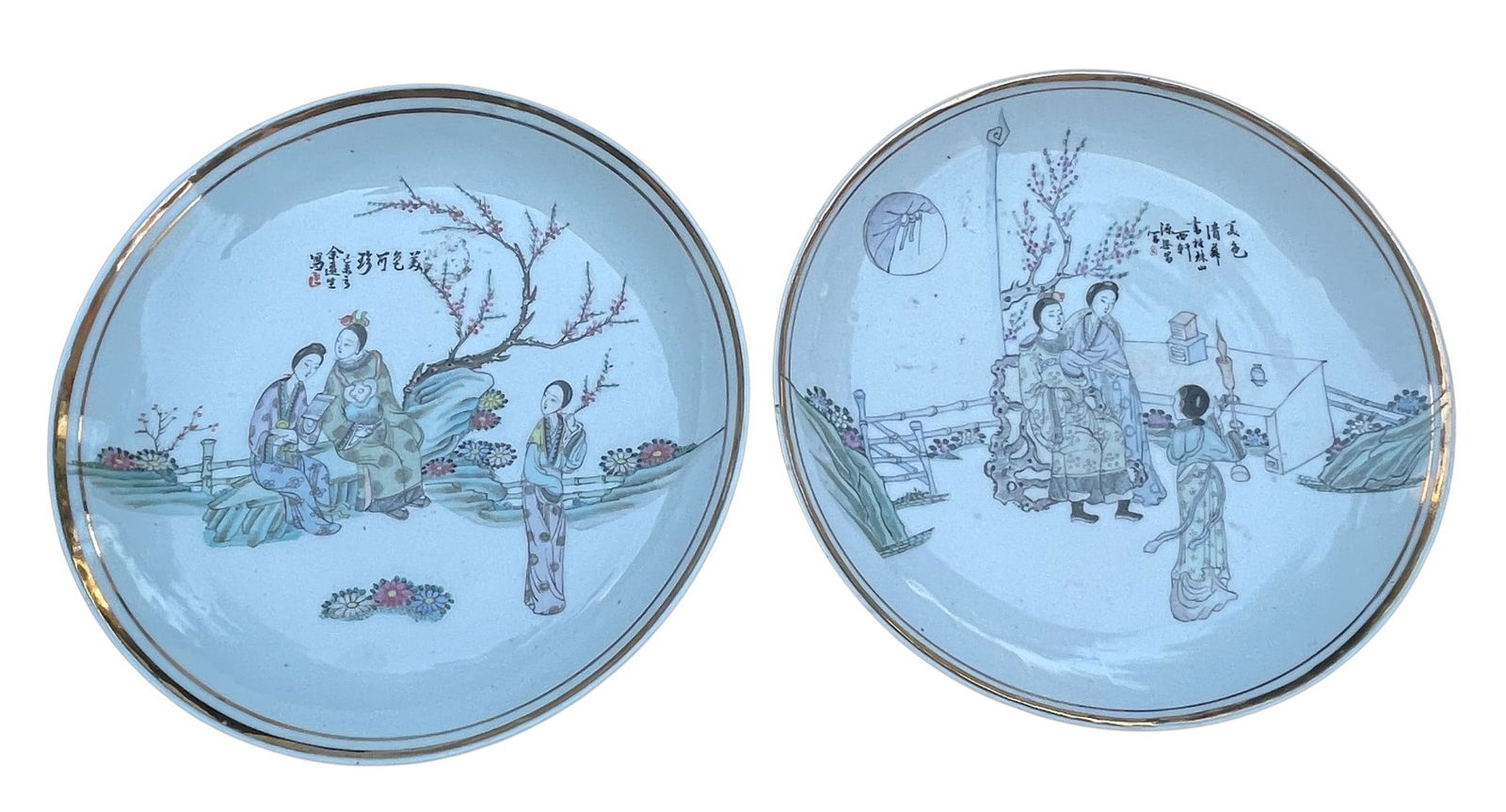 Pair Quialong Period Qing Chinese Famille Rose Plates: Plates measure 9.5 inches in diameter. Overall good condition, one plate has a tiny chip - no other chips, cracks, breaks or repairs. Checked with a UV light. Comes from an extensive collection of asi