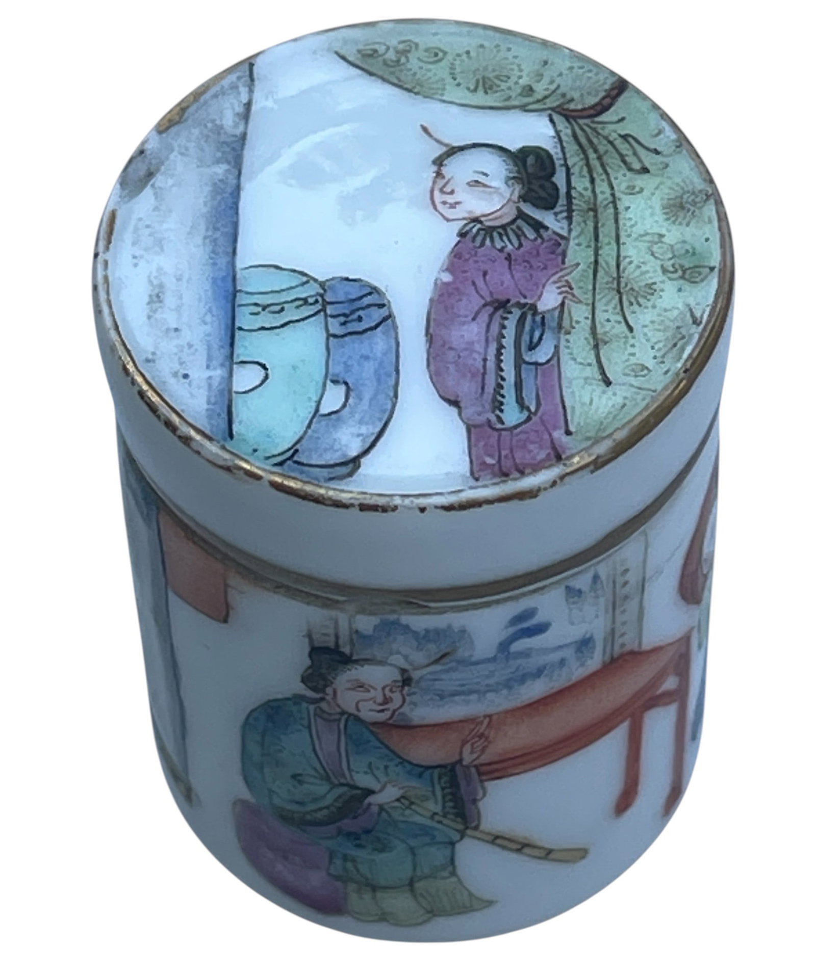 Qing Tongzhi Period Famille Rose Cylindrical Jar: Measures 4 cm high (1.5 inches). Chip to the lid, and a very tiny chip to the inside rim. No other chips, cracks, repairs or breaks. Checked with a UV light. Comes from an extensive collection of asia