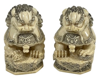 Vintage Pair Chinese Carved Shishi Foo Dogs Netsuke