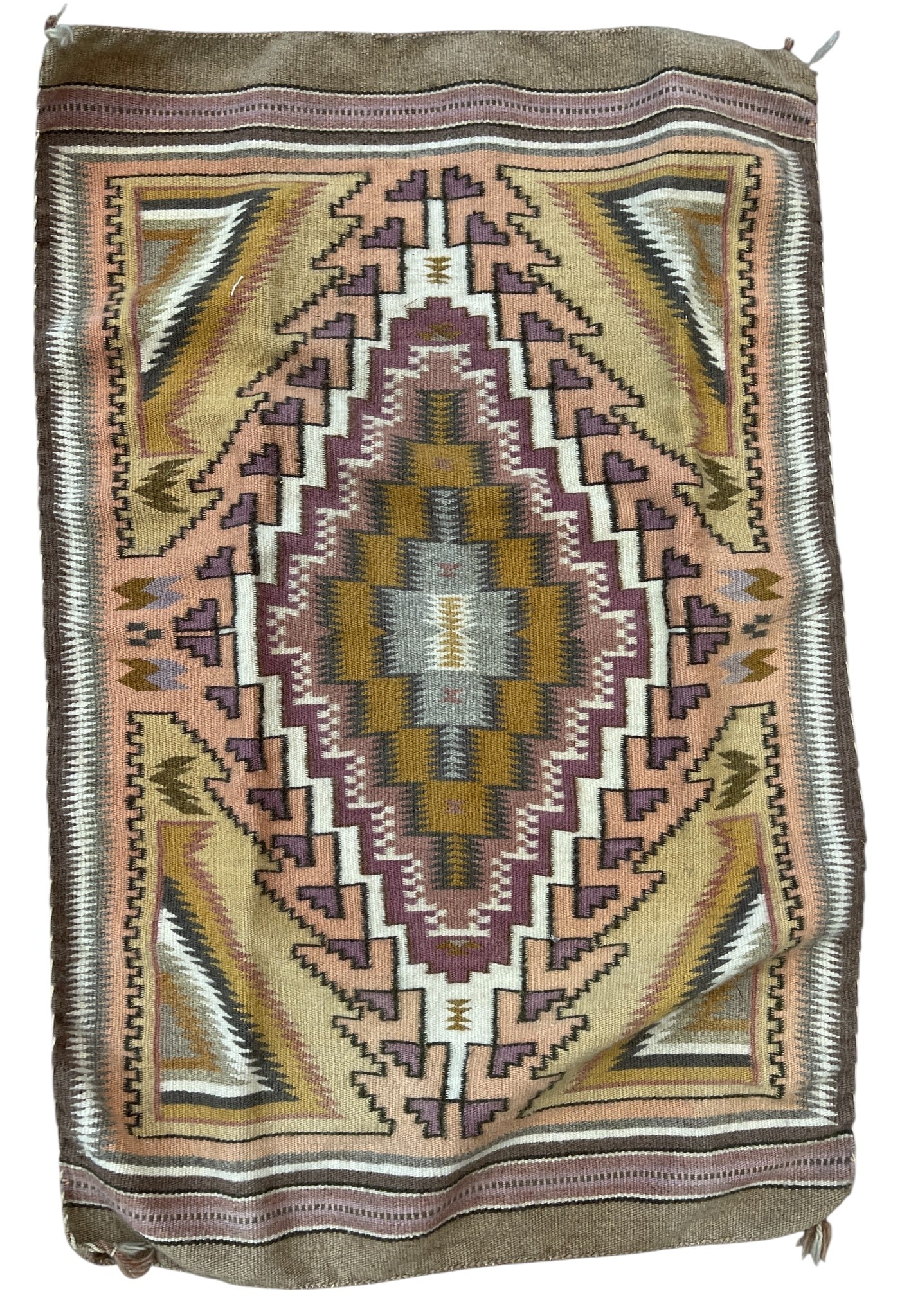 Vintage Navajo Native American Woven Wool Burntwater Rug: Measures 23 inches x 36 inches. Overall good condition, please see photos.