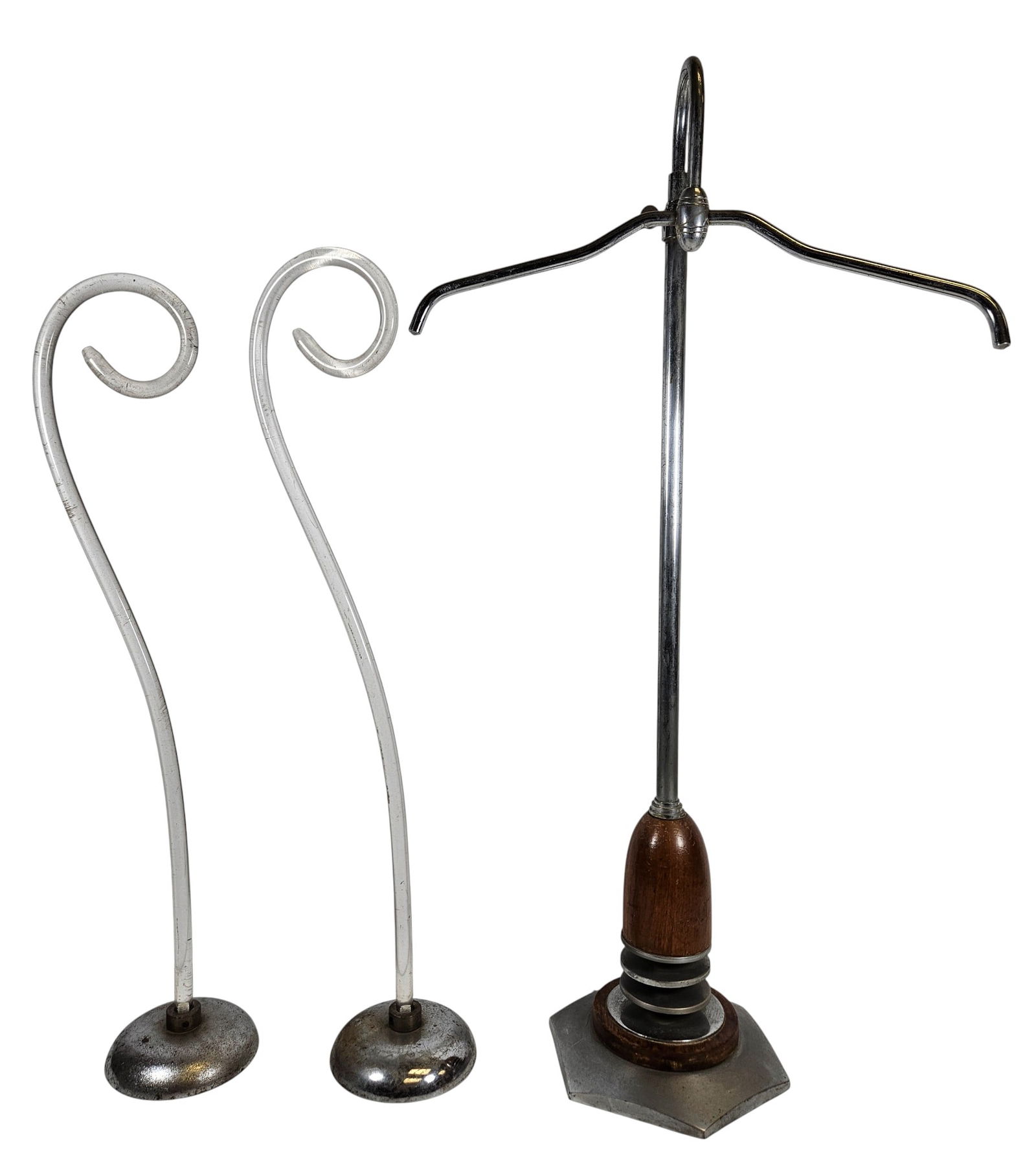 (3) Art Deco Store Displays: (2) made from lucite, one chrome. Tallest measures 27.5 inches high. Overall good condition, please see photos.