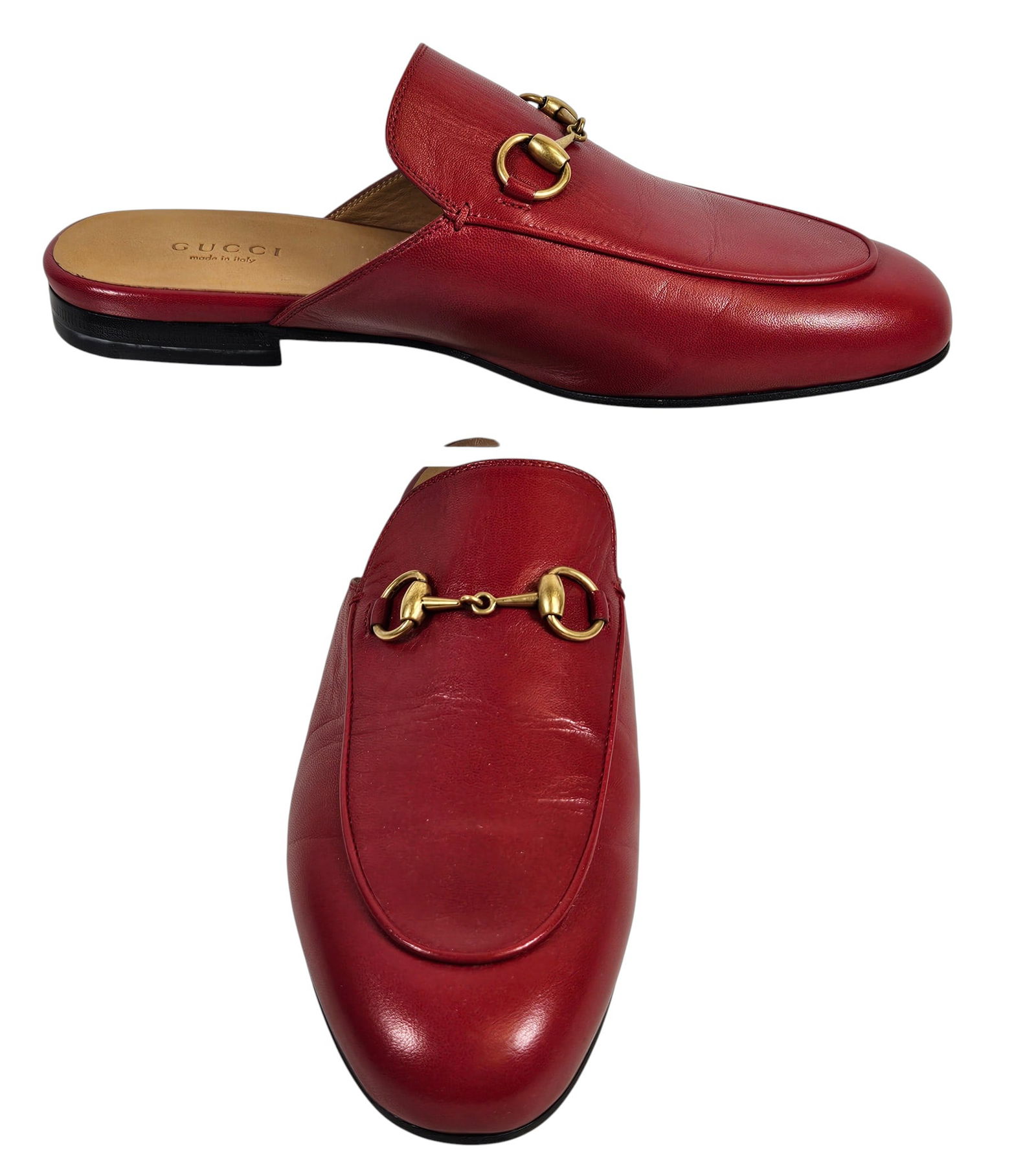 New Old Stock Gucci Princetown Red Leather Mules: Signature gold toned horsebit accent, flat leather sole. Size 37. Overall good unworn condition. Please see photos. Provenance from a mid town Manhattan estate.