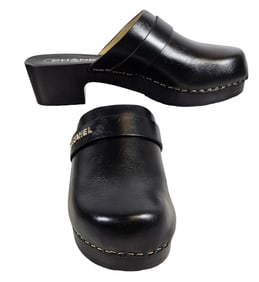 New Old Stock Chanel Black Leather Wooden Clog Mules