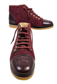 New Old Stock Chanel Burgundy Tweed & Leather Cap Toe Ankle Boots
