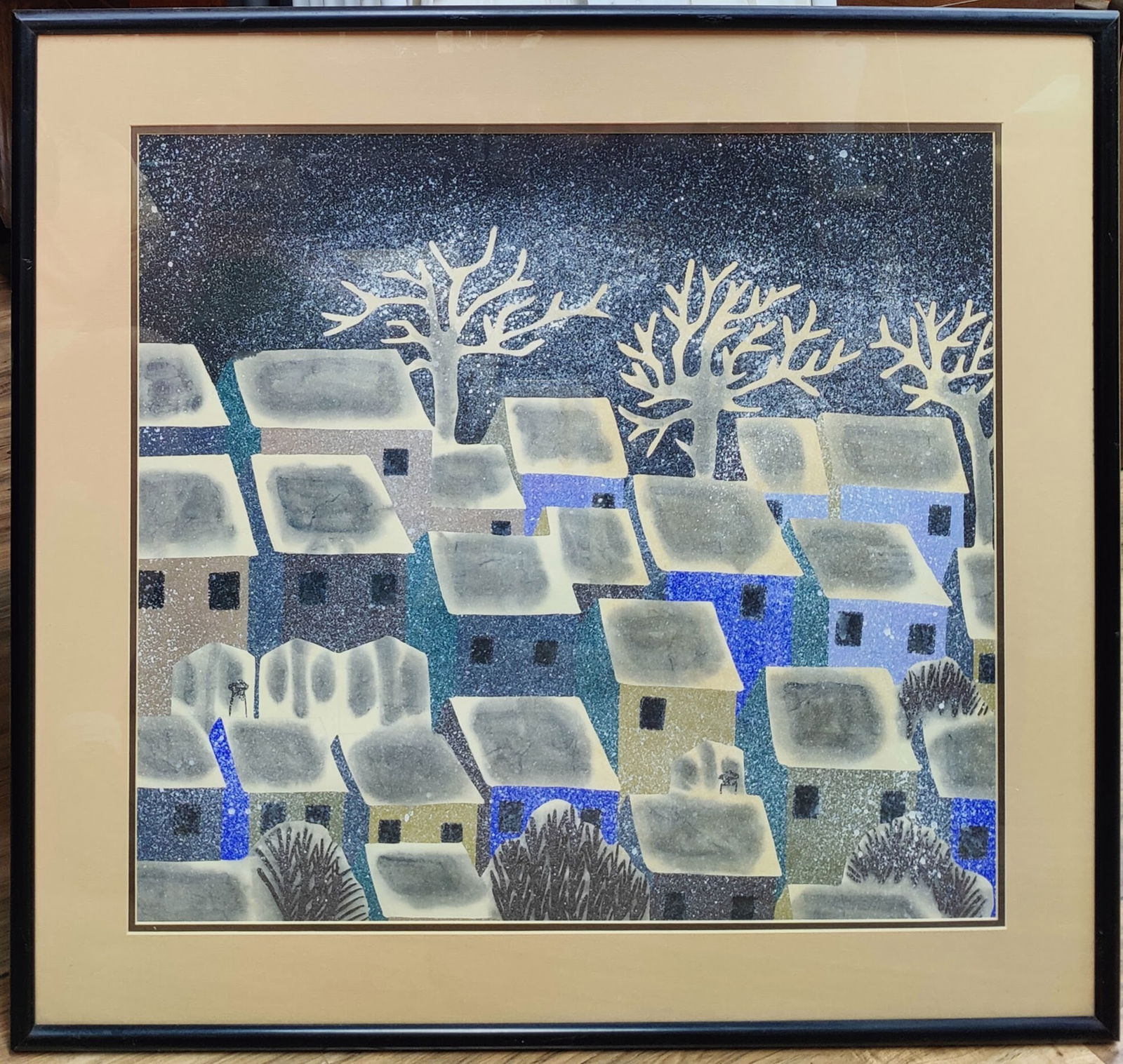 Illegibly Signed Gouache Chinese City Apartments: Excellent condition work depicting contemporary housing in a Chinese city, with abstract trees. Simply framed and matted. Illegibly signed lower right. 28.75" x 28.75" sight. 24.5" x 22.5" sight.