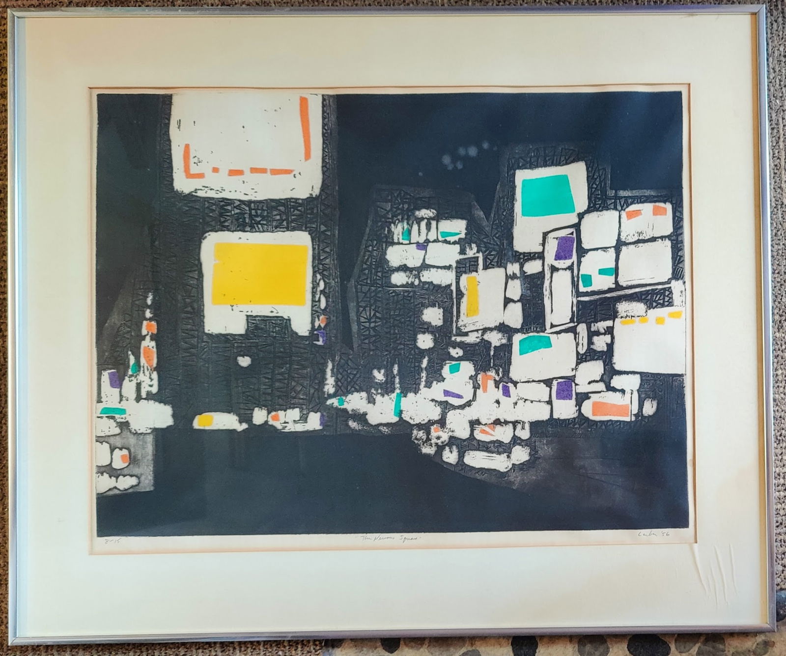 Gus Leiber L/E Lithograph Nervous Square, Times Square: Gerson August Gus Leiber (New York, Pennsylvania, 1921 - 2018) lithograph titled "The Nervous Square", 1956. Depicts a modern abstract view of Times Square. Good condition, with some mat burn, toning