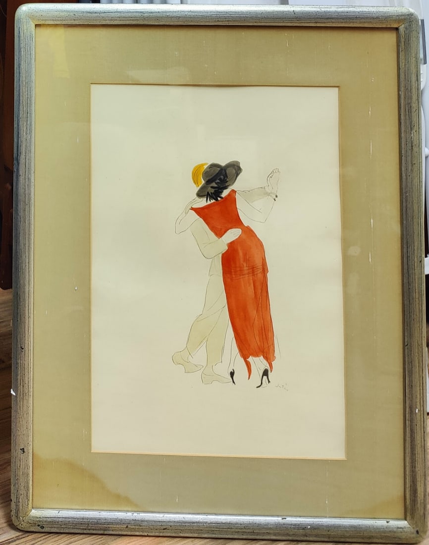 Marcel Vertes Color Lithograph History of Tango, c.1920s: Marcel Vertes (New York, Hungary, 1895 - 1961) hand colored lithograph in good condition, with toning, foxing and staining to the matting. Pencil signed lower right. Gallery card and notation verso.