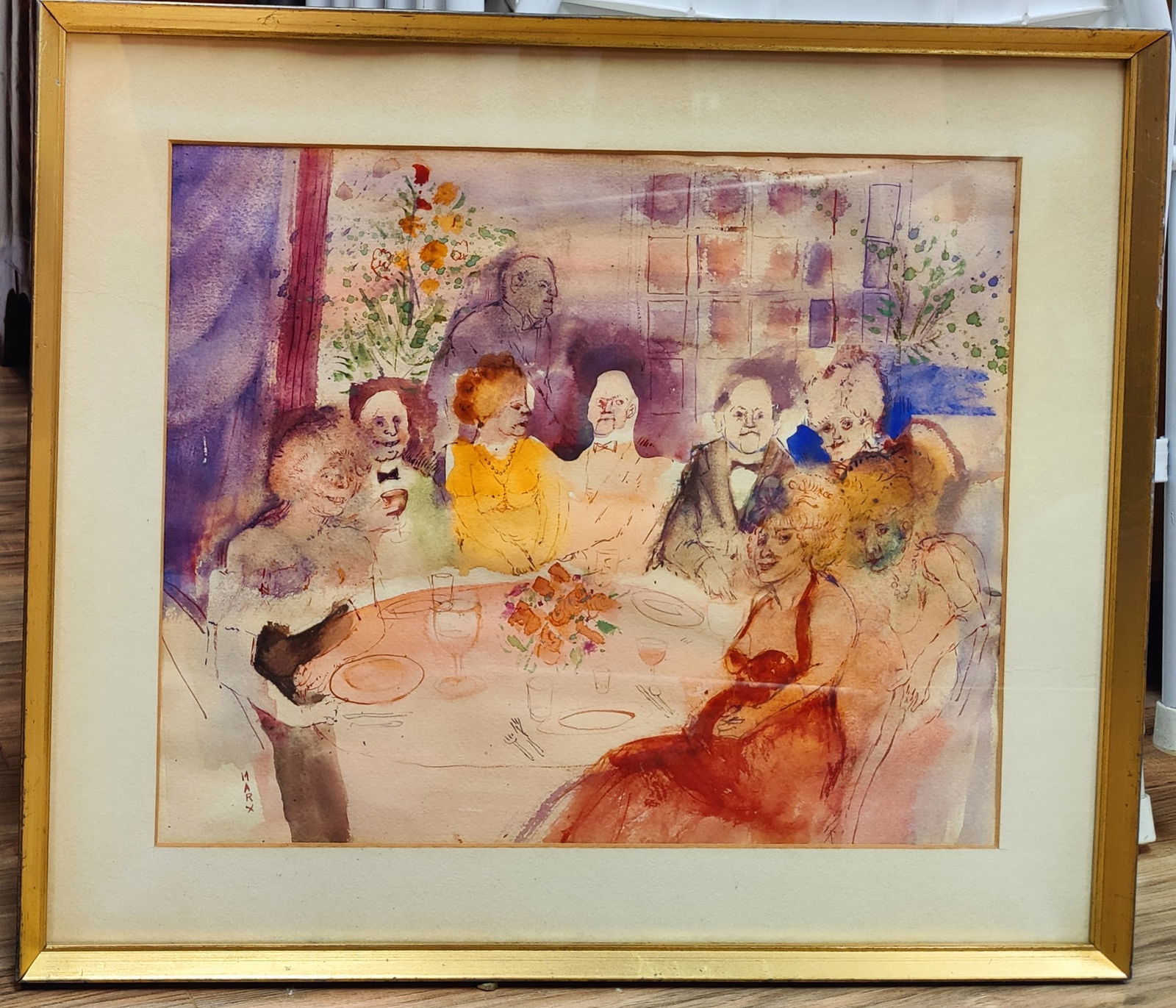 Marcia Marx W/C Dinner At Sardi's, c.1950s, Henri Bendel: Marcia Marx (New York, 1931 - 2005) W/C in good condition and nicely period framed. A modern abstract depiction of dinner at Sardi's. Work has a Bloomingdale's Artist sheet and Vernissage Henri