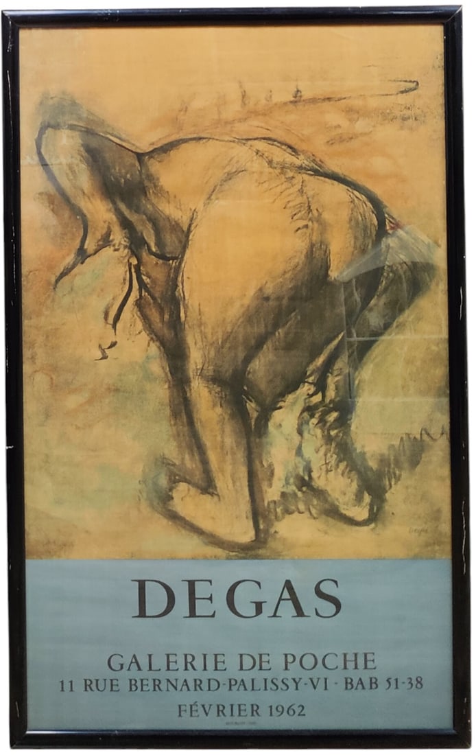 After Edgar Degas Poster Galerie De Poche, Mourlot, 1962: Good condition poster, with toning and minor fade visible under the glass. Published by Mourlot. A scarce poster, with an eva lee gallery label verso. From a Great Neck, NY Estate.
