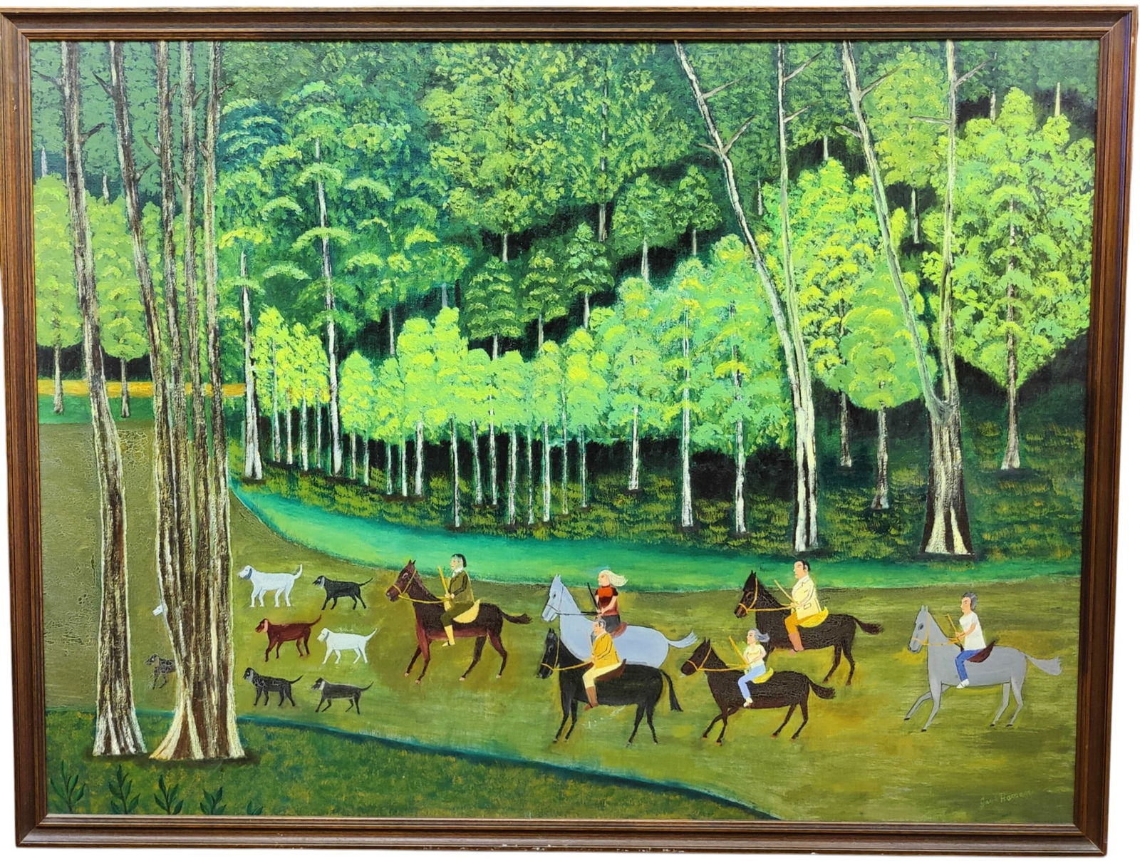 Jack Hassen Modern Primitive Folk Art Medieval Hunting: Long Island Artist Jack Hassen Modern Folk Art O/B painting. Painting depicts a medieval forest river scene, with a hunt of horse and riders, with their hunting dogs. Very good condition overall. 38"