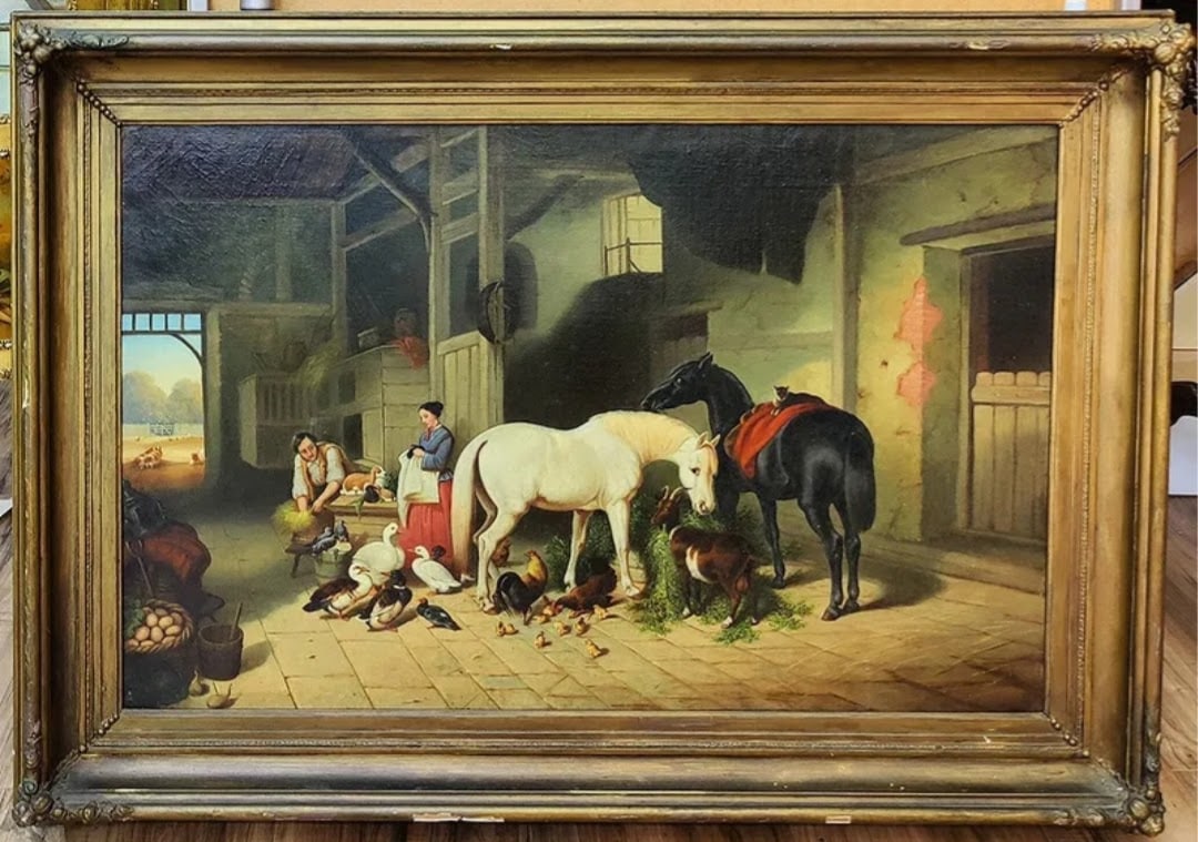Attributed J F Herring Sr Barn Interior w/ Barnyard Animals (1 of 9)