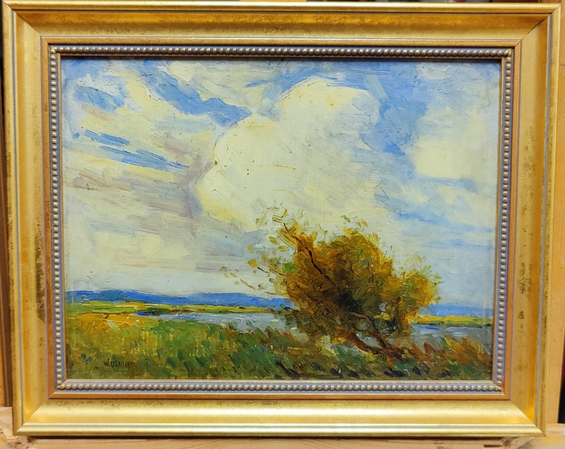 W Dennis Contemporary Impressionist Cloudy Landscape: Excellent condition painting of a cloudy New England landscape, signed W. Dennis lower left. Nicely period gilt framed. 12" x 9" sight.