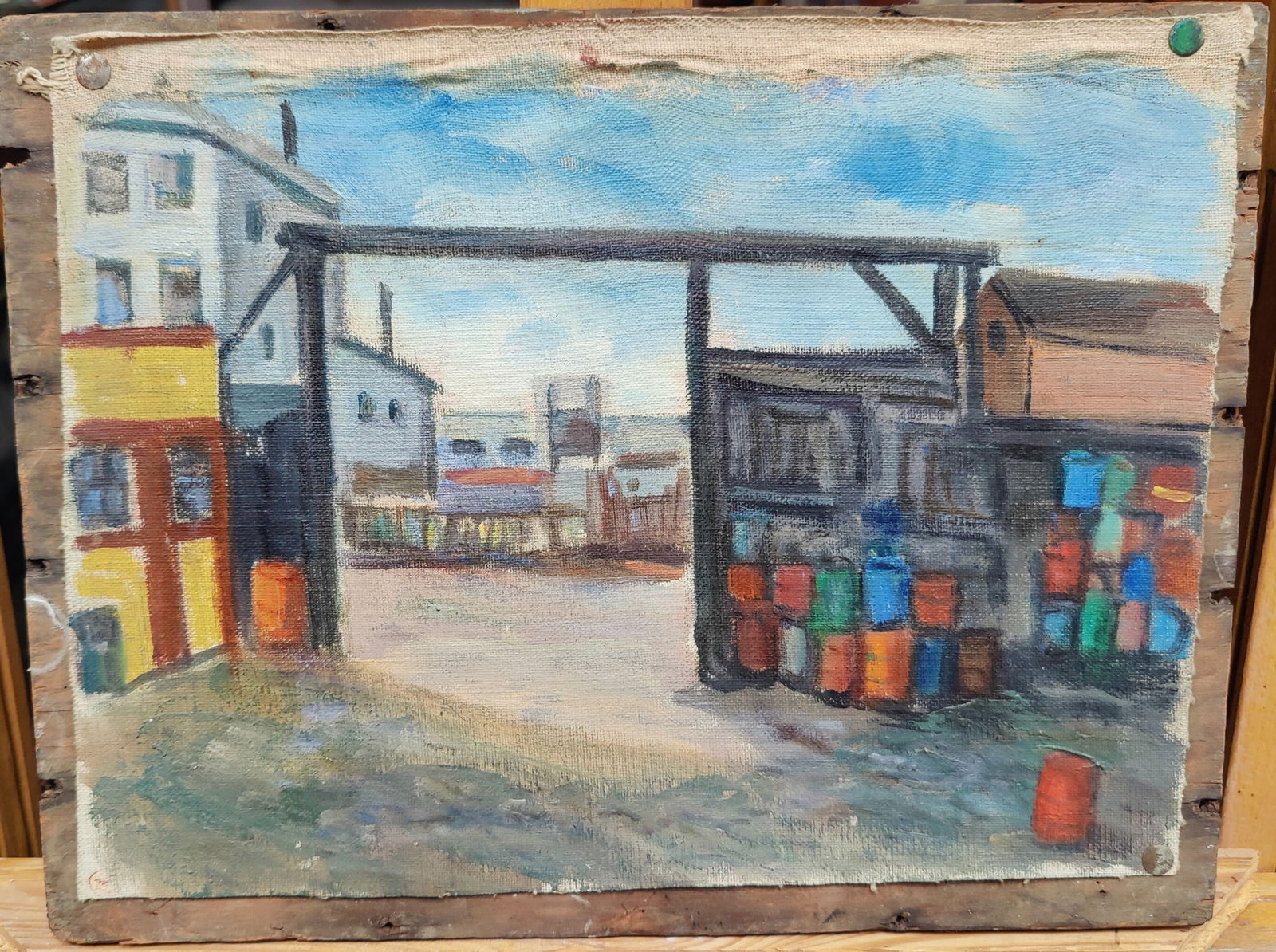 Oscar Fisher c.1930s WPA Industrial NYC Factory Landscape: A WPA Era and style O/B Industrial Factory scene of NYC c. 1930s. Good condition, with dirt accumulation and tacked to a board. Painting needs a cleaning. Painting is not signed, but Estate stamped to