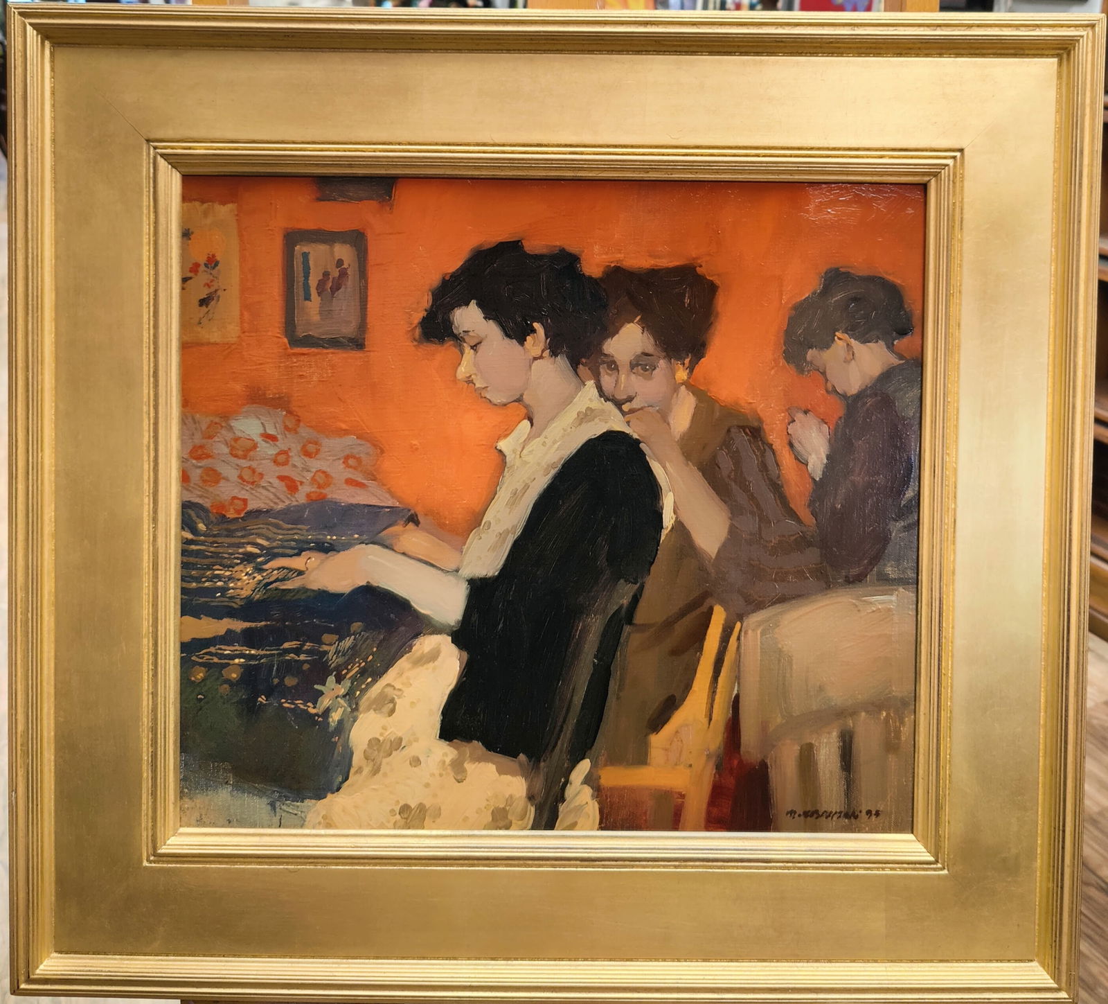 Milt Kobayashi Modernist 3 Embroiderers Passing Time: Milt Kobayashi (New York, b. 1950 - ) O/C painting of three young women doing embroidery, a modernist view. Excellent condition and beautifully gilt framed in a modern framing. Signed and dated '95 (1