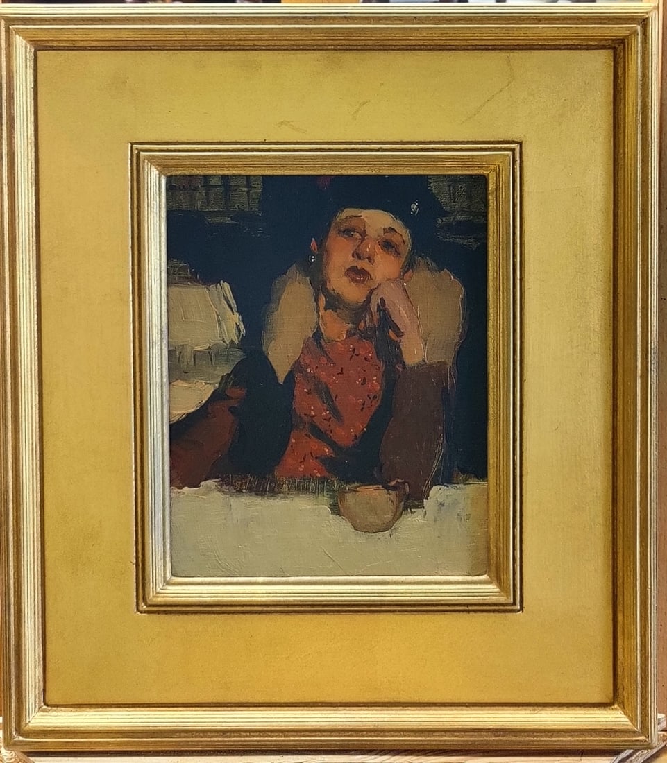 Milt Kobayashi O/C Modernist Woman Having Tea: Milt Kobayashi (New York, b. 1950 - ) O/B painting of a woman in a winter coat and hat having tea, a modernist view. Excellent condition and beautifully gilt framed in a modern framing. Initial signed