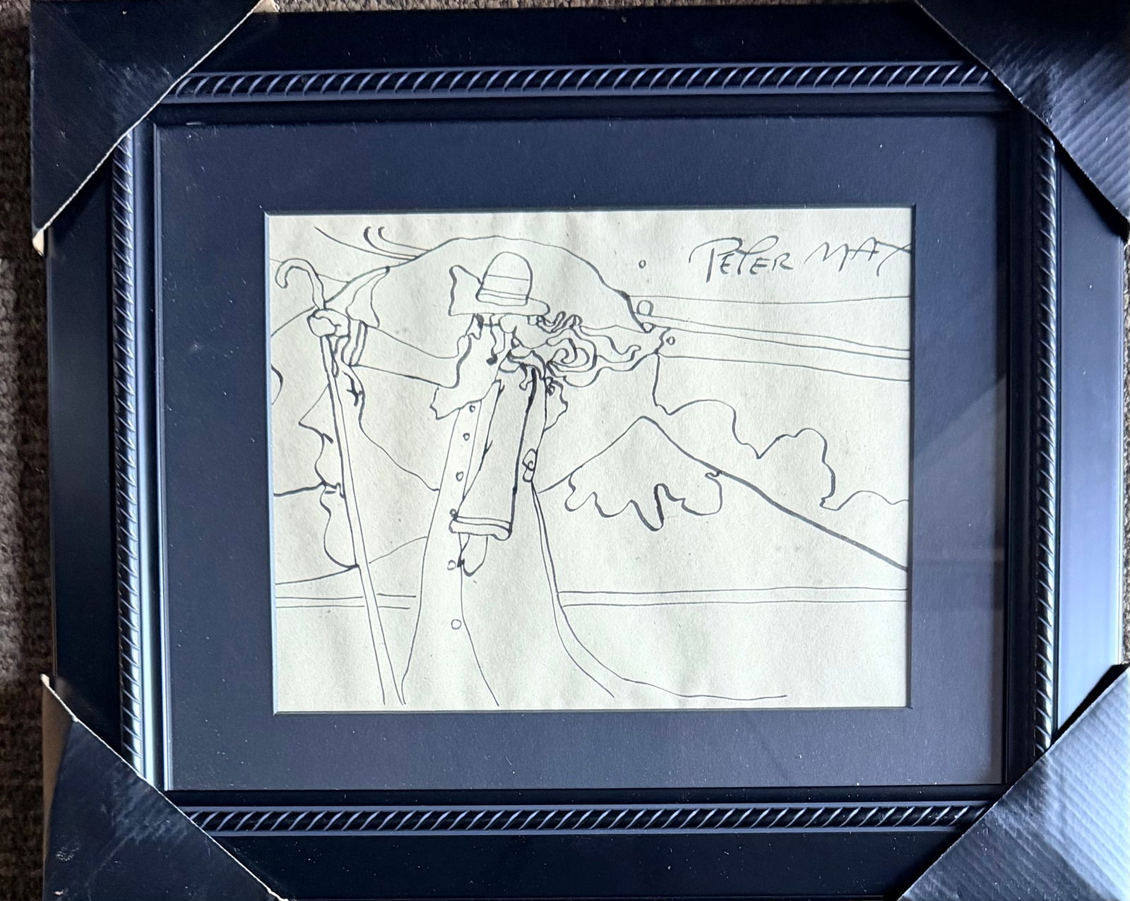 Attributed Peter Max Pen & Ink Drawing Wizard, c.1970s: Attributed to Peter Max (New York, Germany, b. 1937 - ) pen and ink drawing of his Famous Wizard Walking in his Cape with Staff. Good condition, with toning, fading and foxing visible under the glass.