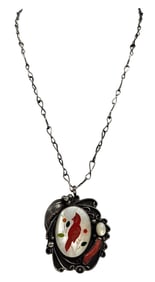 Vintage Native American Zuni Sterling Silver Cardinal Pendant Necklace