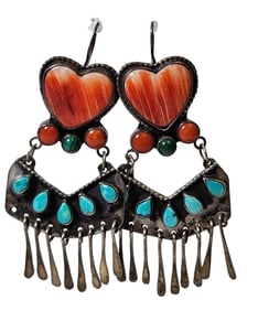 Navajo Native American Sterling Silver Spiny Oyster & Turquoise Earrings DL