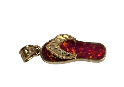 Vintage 14k Yellow Gold & Red Opal Inlay Flip Flop Charm Pendant