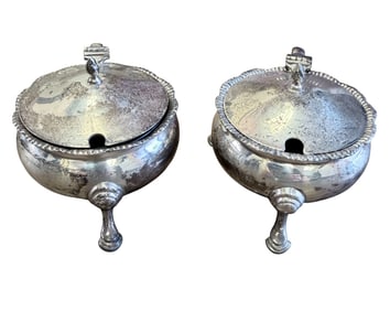 Pair c1950 London Sterling Silver Cobalt Lined Salt Cellars