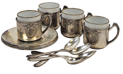 (4) German 800 Silver & Porcelain Demitasse Cups and Saucers