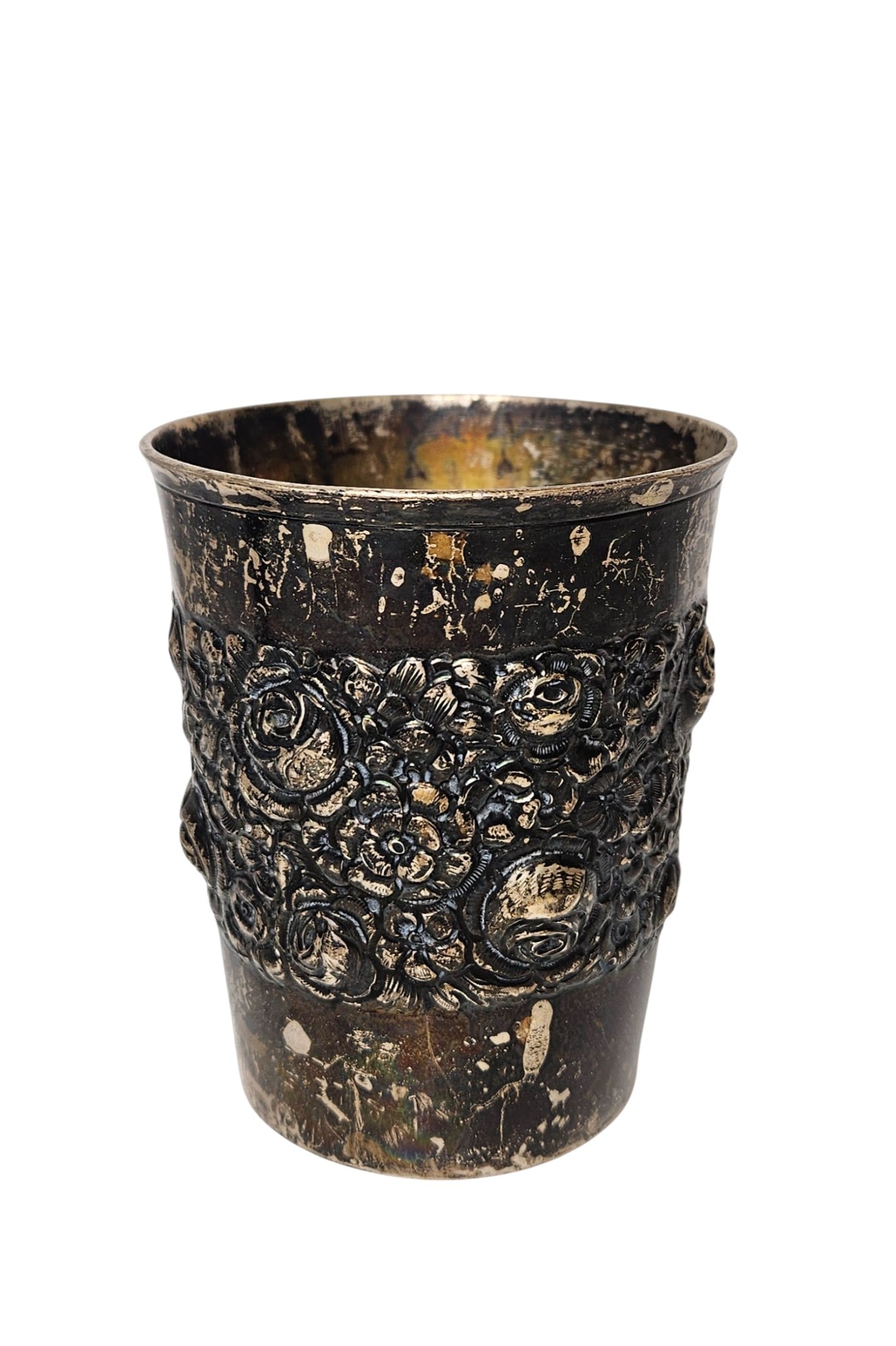 c1838 Prague Austria Sterling Silver Repousse Cup: Dated 1838, Prague. Measures 3.75 inches high, 3.25 inch diameter across the top. Total weight 137 grams (4.4 ozt). Overall good condition, needs to be polished.