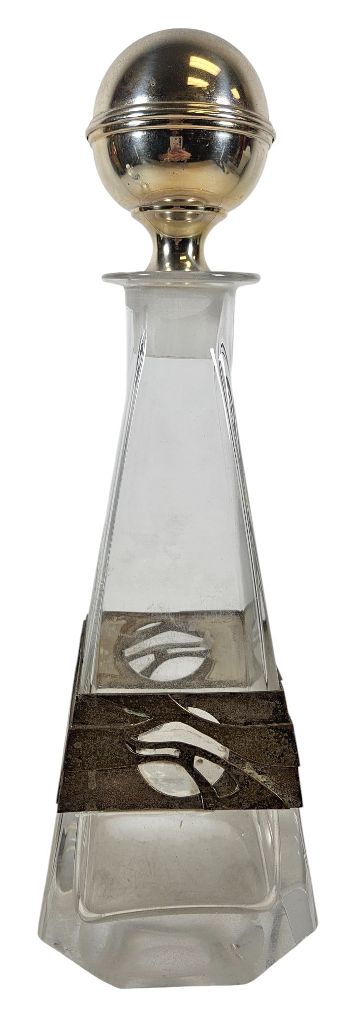 Mid Century Italian 800 Silver & Crystal Decanter Prini Giancarlo: Eagle emblem etched into crystal, abstract 800 silver band around the center and matching spherical stopper. Measures 14 inches high, 4.5 inches square across the base. Silver marked on the stopper