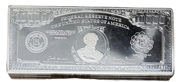 (1) .999 Troy Pound Silver Bar Shaped as $10,000 Bill