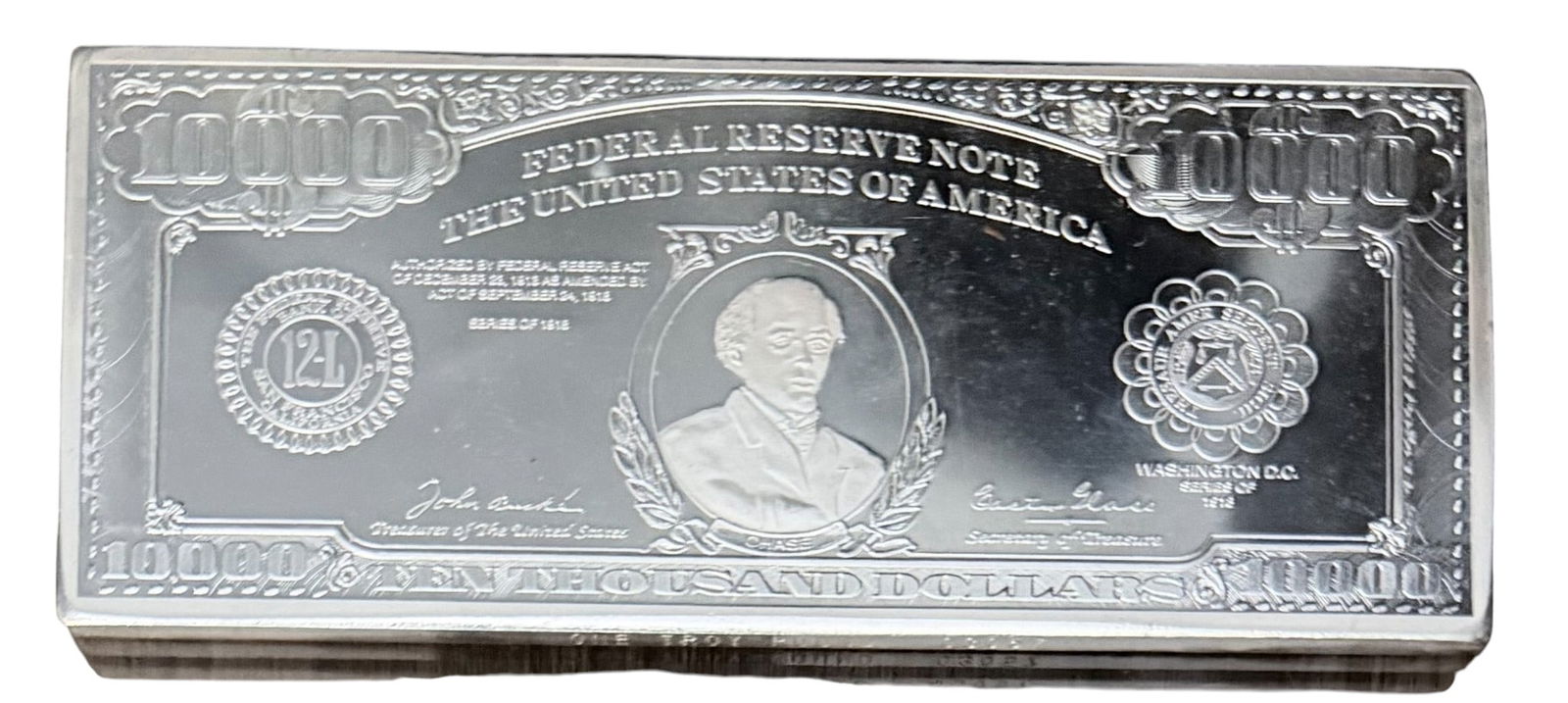 (1) .999 Troy Pound Silver Bar Shaped as $10,000 Bill: SILVER BAR - (1) .999 Silver Bar, One Troy Pound shaped as a $10,000 Bill Series of 1918.