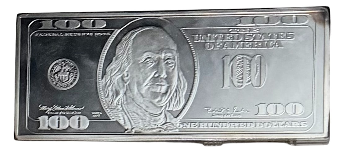 (1) .999 Troy Pound Silver Bar Shaped as $100 Reserve Note: SILVER BAR - (1) .999 Silver Bar, One Troy Pound shaped as a 1996 $100 Federal Reserve Note.