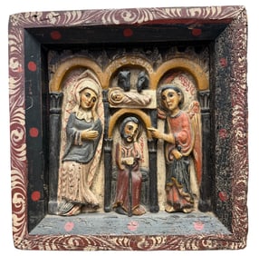 19th Century Polychrome Religious Folk Art Wooden Relief Panel