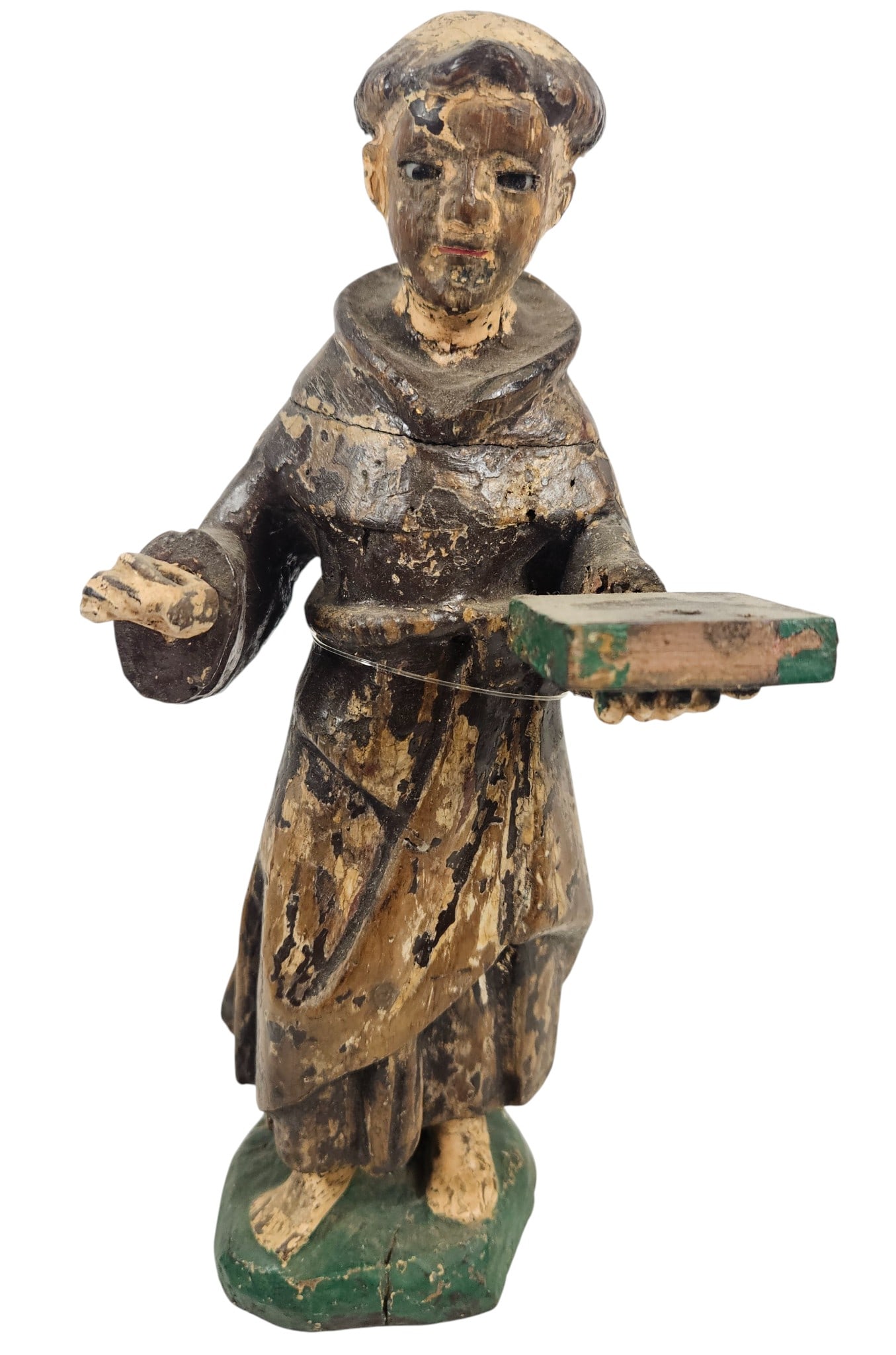 19th Century Spanish Colonial Polychrome Carved Wooden Santo Figure: Possibly St Anthony or another monk. Measures 10 inches high, 4.25 inches wide. Overall good condition, appears to be missing something from his hand and possibly the board. Please see photos.