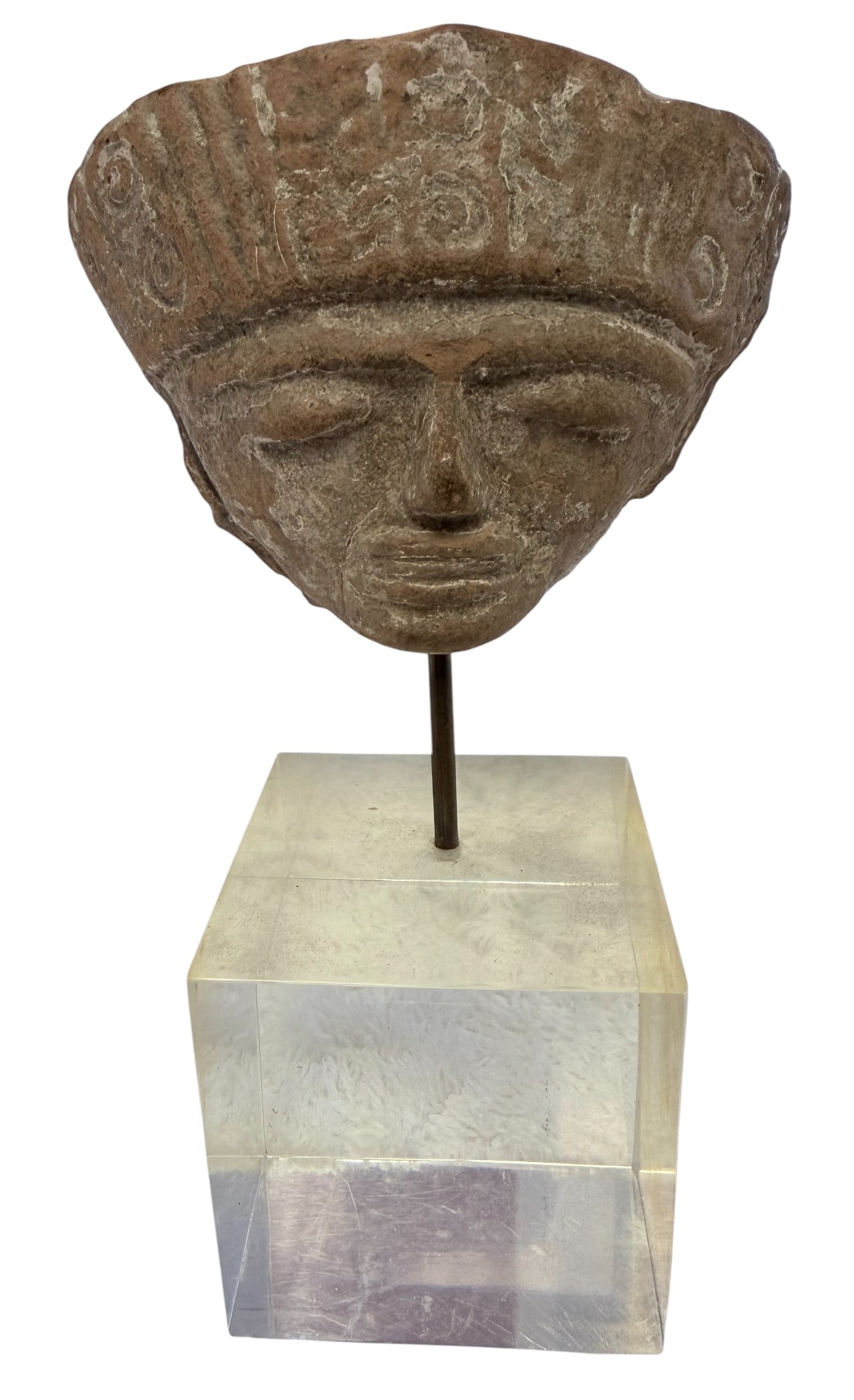 Pre Columbian Ceramic Head, circa 600-1000 CE: Terracotta ceramic sculpture, "smiling figure", Gulf of Velacruz, Mexico. Head itself measures 2.875 inches high x 3.25 inches wide. Sits on a lucite cube. Overall good condition, please see photos.