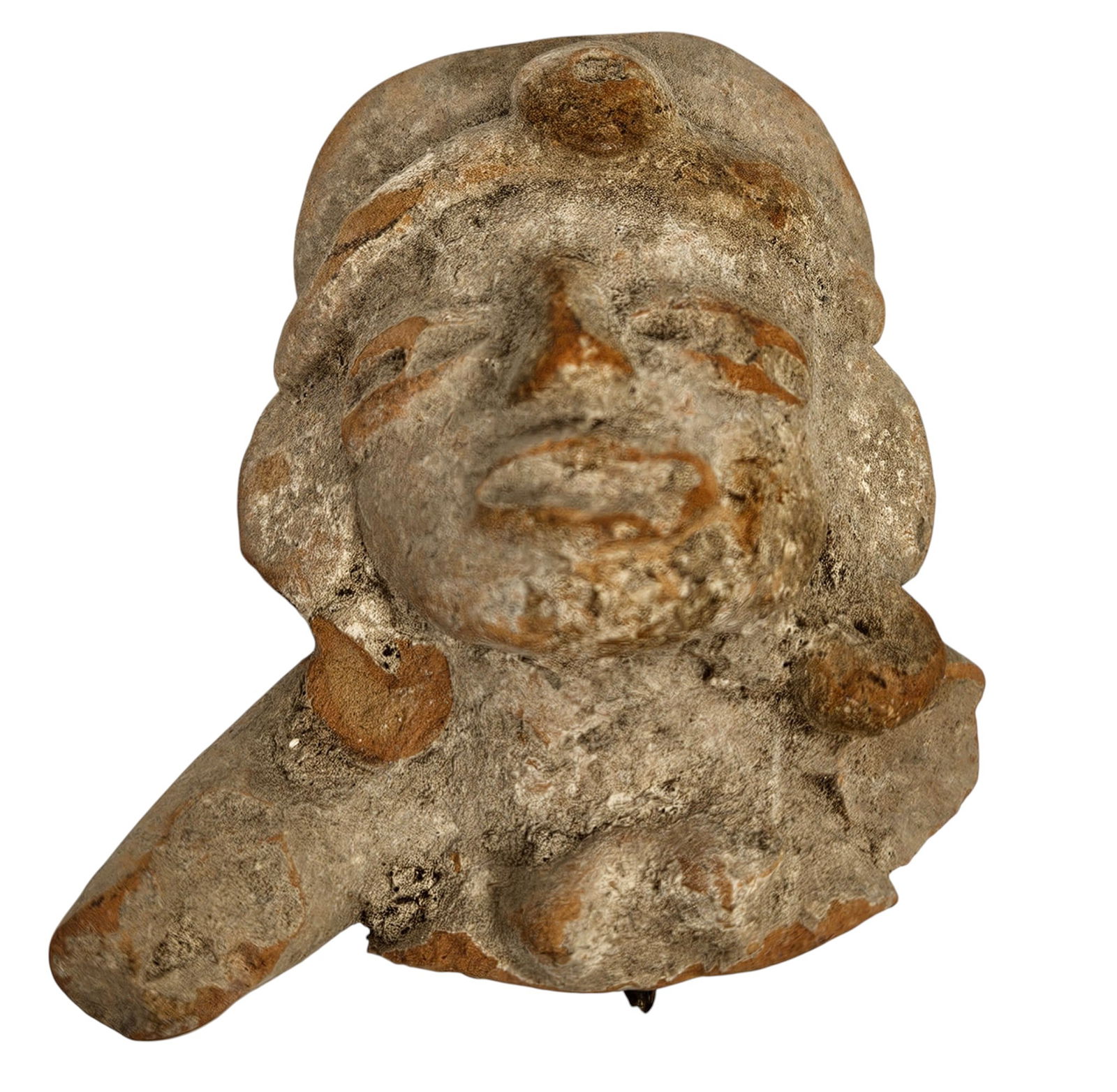 Pre Columbian Clay Artifact Fragment 800 CE: Teracotta clay artifact, Velacruz region. Measures 3 inches high, 2.75 inches wide. Overall good condition.