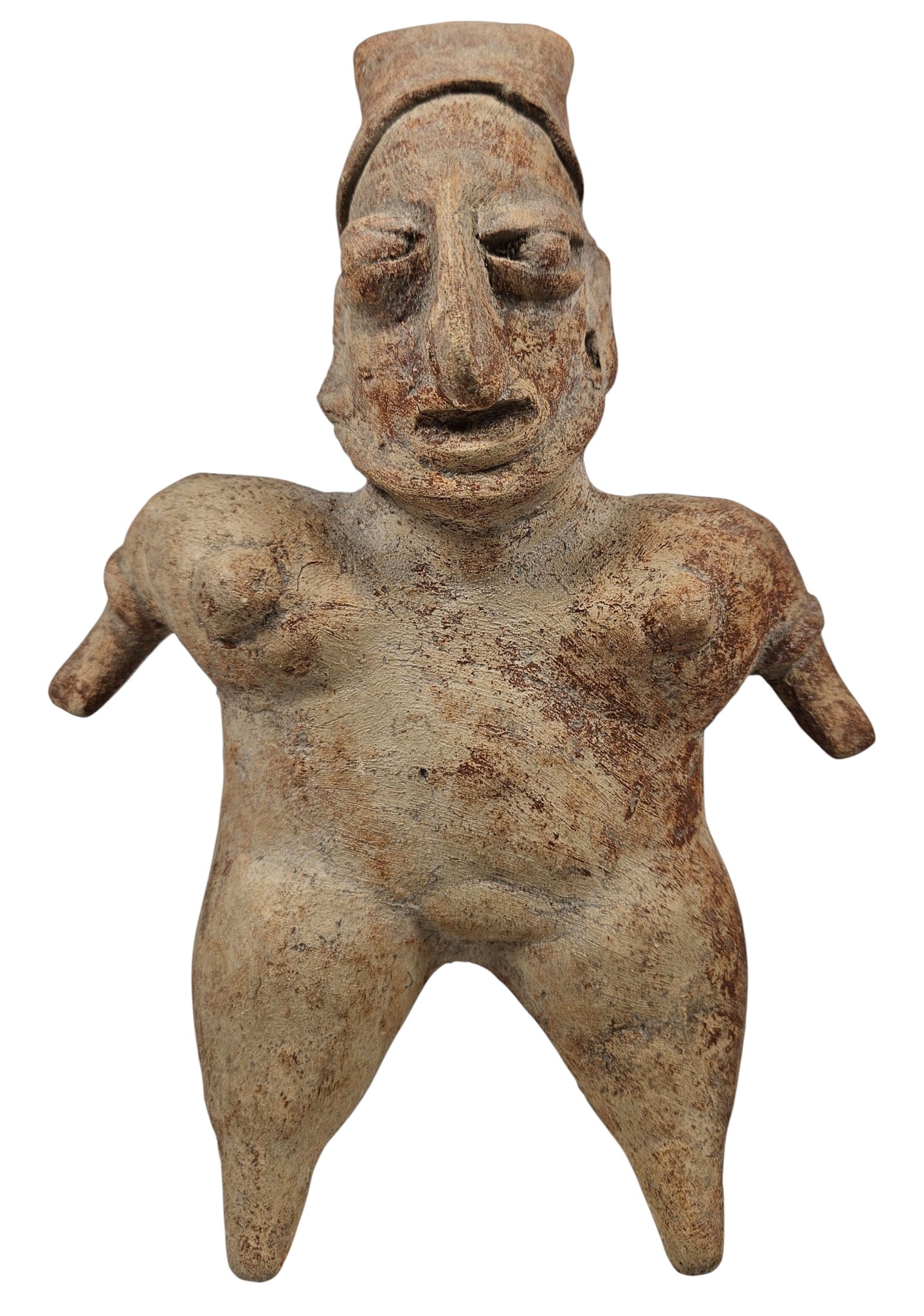 Jalisco Ameca-Etzatlán Pottery Female Effigy, Shaft-Tomb Style: Pre-Columbian, West Mexico, Jalisco, Ameca-Etzatlan, ca. 1st century BCE to 3rd century CE. A hand-built pottery standing female figure of the Ameca tradition, presenting with the broad hips, attenuat